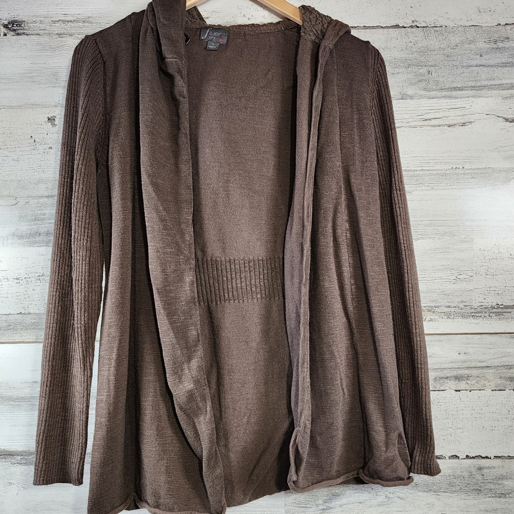 Fluent Life Cardigan Sweater Women Small Brown Lace Hooded Open Front‎ Casual
